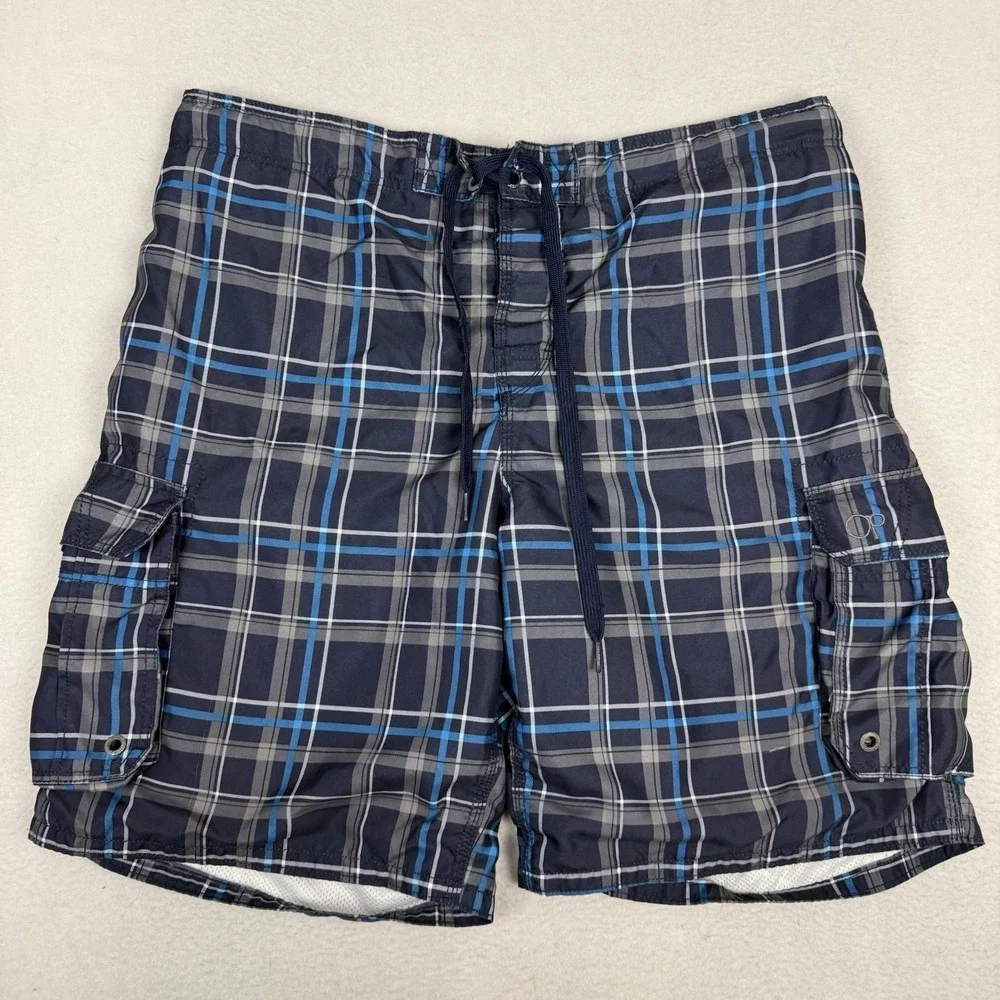 Ocean Pacific OP Men's‎ XL Navy Plaid Cargo Swim Trunks Board Shorts Mesh Lined